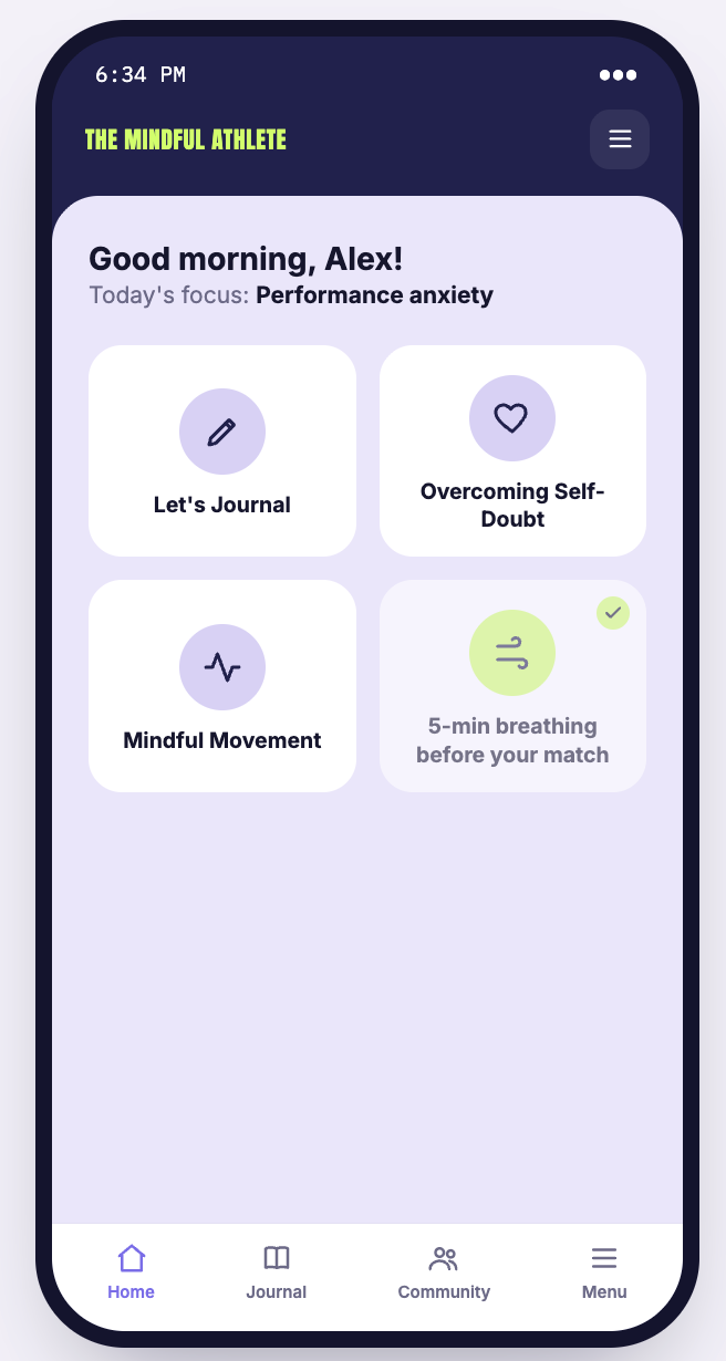 The Mindful Athlete home screen showing a daily focus of performance anxiety and four mindfulness tasks.